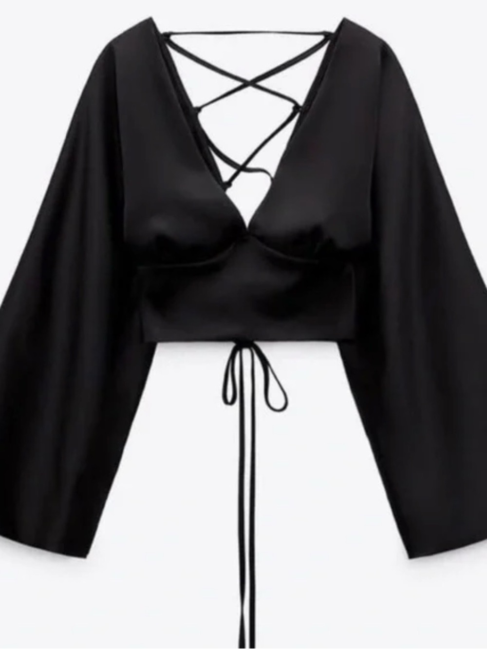NWOT Zara Satin V Neck Lace Back Whimsy-Goth Black Crop Medium.